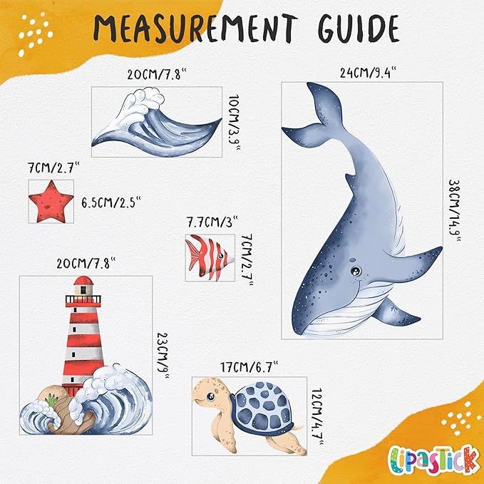Ocean Wall Decals for Kids by Lipastick - Sea Kids Wall Stickers - Creative Nursery Wall Decal for Children – Nautical Vinyl Wall Decal Whale Shark Octopus Turtle Lighthouse S Size
