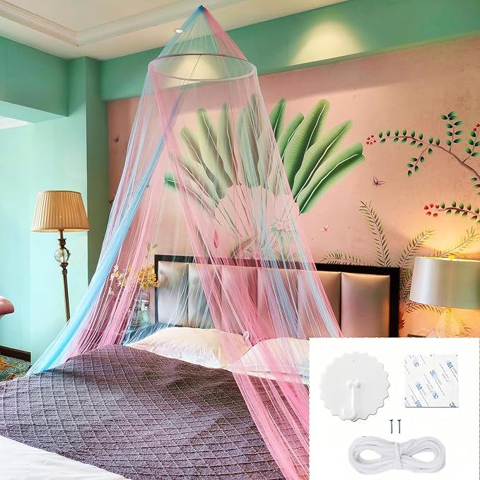 Eimilaly Two-Tone Bed Canopy Mosquito Net Pink Blue, Bed Canopy for Girls Room Decor - Insect Protection Hanging Canopy for Adults, Babies, Single Door