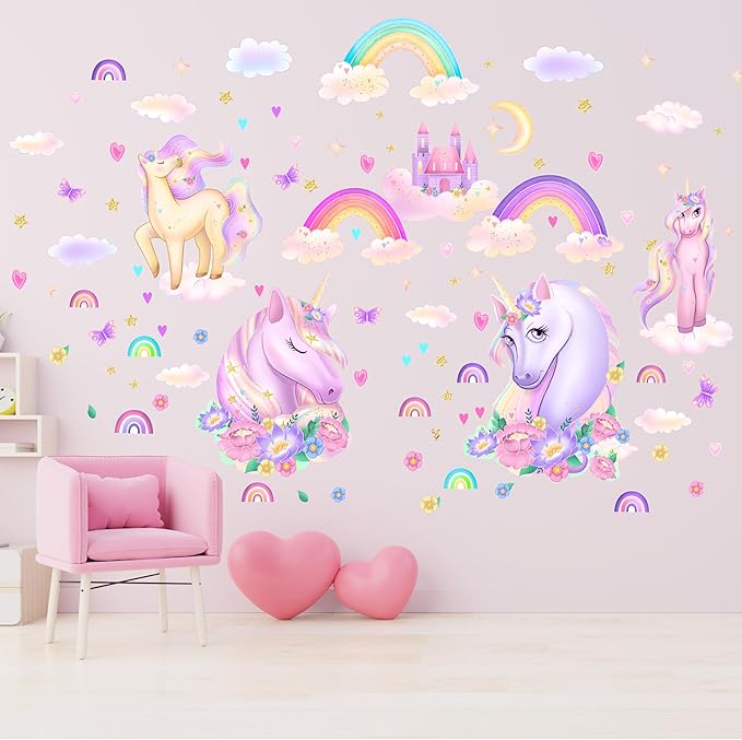 Unicorn Wall Decals Pack of 4 Sheets 135 pcs by Lipastick - Rainbow Wall Stickers – Princess Castle with Hearts Clouds Stars Wall Decals Decor for Girls Kids Bedroom Birthday Party Size XXL