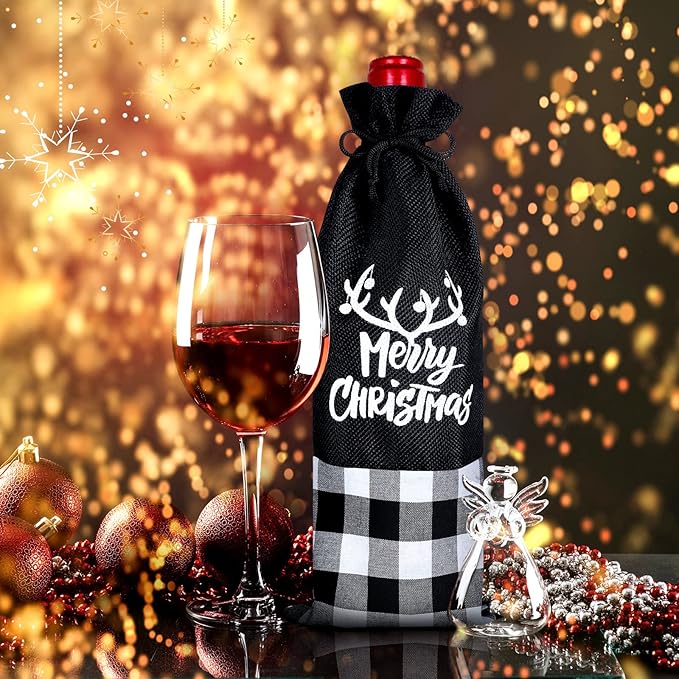 Patelai 12 Pieces Christmas Wine Bottle Bags Wine Bottle Sweater Dress Christmas Wine Sleeve Burlap Santa Bottle Covers Plaid Drawstring Bottle Bags for Xmas Dining Table (Black White)