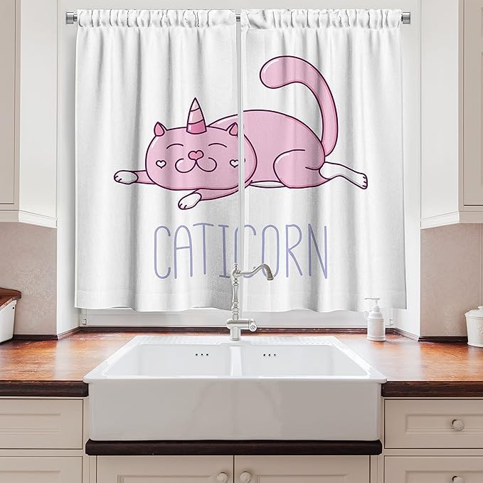 Ambesonne Unicorn Cat Kitchen Curtains, Pink Cat a Horn and Funny Expression Lying Caticorn Cartoon Mascot, Window Drapes 2 Panel Set for Kitchen Cafe Decor, 55" x 39", White Lilac