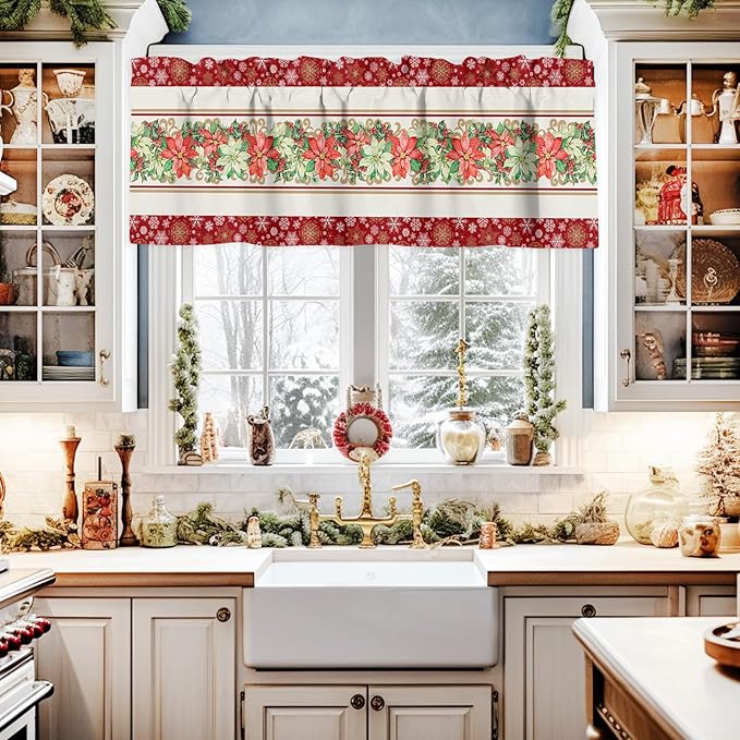 Watercolor Poinsettia Christmas Valance Curtains for Kitchen Windows Red Xmas Winter Holiday Rod Pocket Window Treatment Toppers for Kitchen/Living Room/Bedroom/Bathroom, 60" X 18", Gold White
