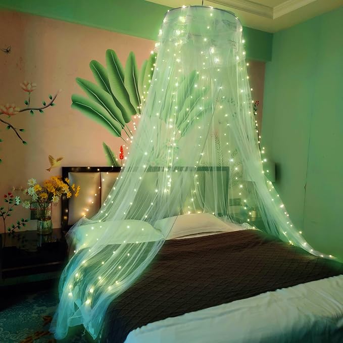 Eimilaly Lace Bed Canopy Mosquito Netting, Princess Bed Canopy for Girls Room Decor, Green/Single Door
