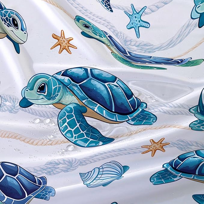 AILONEN Cute Sea Turtle Shower Curtain Set for Bathroom,Cartoon Turtle with Cowry Bath Curtain,Kawaii Ocean Animal Theme Waterproof Fabric Shower Curtain with Hooks,72" W*78" H