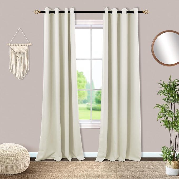 Mrs.Naturall Cream Curtains 84 Inches Long,Blackout Black Block Out Heat Blocking Curtains for Bedroom Windows Living Room 84 Inch Length with Grommet,Off White Ivory