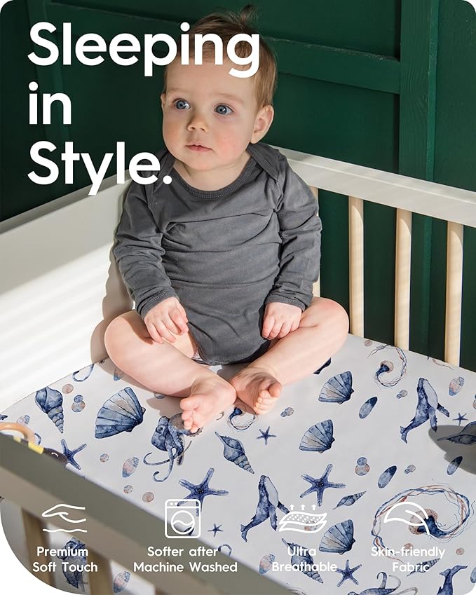 Graco Pack and Play Sheets Fitted, TotBasic Ultra Soft Mini Crib Sheets Boy, Neutral Pack N Play Mattress Sheets Hypoallergenic and Soothing, Premium Jersey Playrad Sheets, Safari Sea Animals, 2 Pack