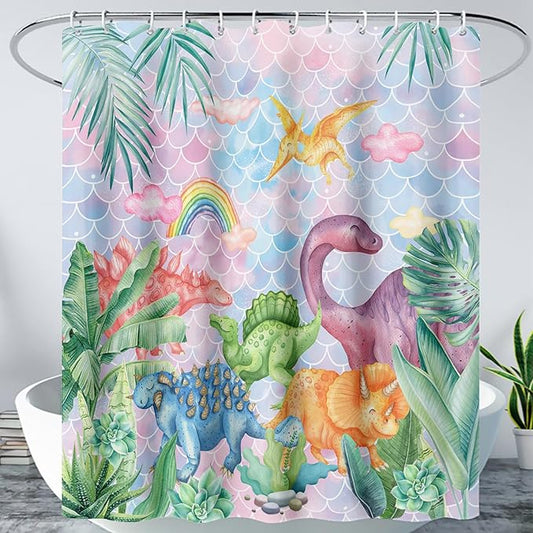 AILONEN Girls Dinosaur Shower Curtain 72" W*72" H for Bathroom,Cute Dinosaur Bathroom Shower for Kids Girls,Cartoon Dinosaur Rainbow Bath Curtain Polyester Waterproof Shower Curtain with 12 Hooks