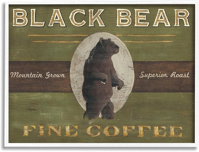 Stupell Industries Black Bear Fine Coffee Rustic Kitchen Mountain Animal, Designed by June Erica Vess White Framed Wall Art, 11 x 14, Green