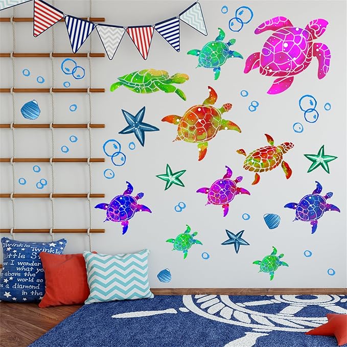 Waterproof Removable Watercolor Turtles Vinyl Wall Decal for Nursery Kidsroom School Classroom Livingroom Bedroom Bathroom Sea Life Sticker in Coastal Ocean Theme