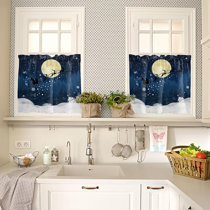 Christmas Kitchen Curtains and Valances Set, Santa Claus Reindeer Window Treatments Tiers Blue Snowy Night Semi Sheer Half/Short Curtains for Small Windows Cafe/Living Room/Bedroom 54x 36 in