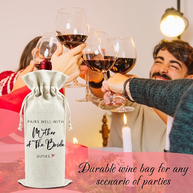 Pairs Well with Mother of the Bride Duties - Gifts for Bride's Mother Wine Bags, 1 PC Reusable Drawstring Burlap Wine Bottle Bags, Wedding Gifts for Mom, Wedding Party Favors -41