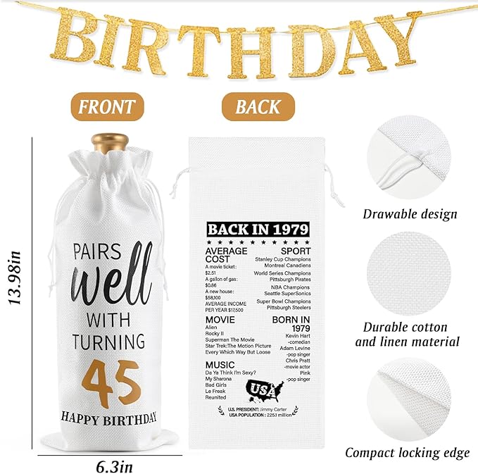 Lifecapido 45th Birthday Gifts for Women, Vintage 1979 Limited Edition Insulated Wine Tumbler with Wine Bag, 45 Year Old 45th Birthday Presents Christmas Gifts for Friends Mom Aunt Wine Lover, 12 oz