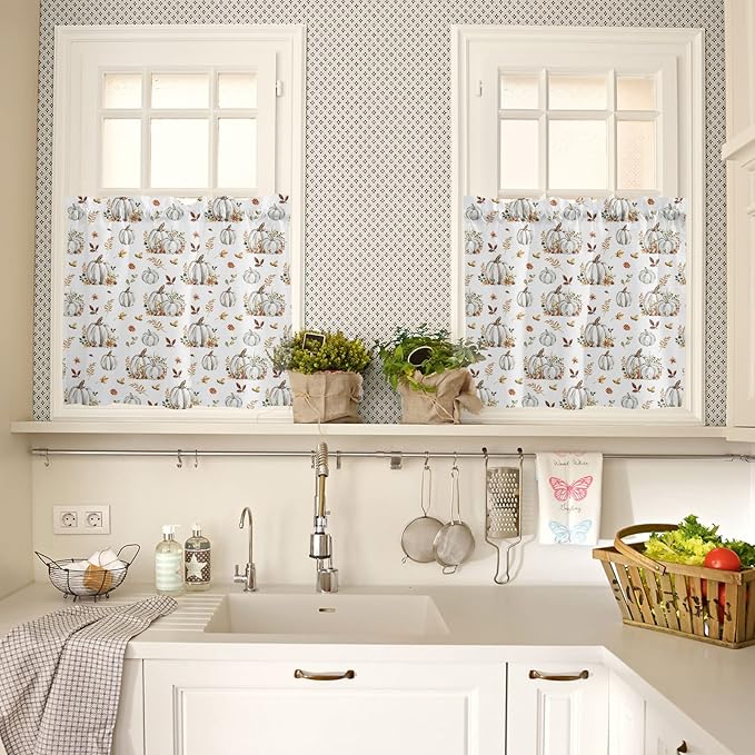 Vandarllin Fall Floral Leaves Kitchen Curtains and Valances Set, Thanksgiving Pumpkins Half/Short Curtains for Small Windows Cafe/Living Room/Bedroom 54x 36 in-, Boho Window Treatments Tiers