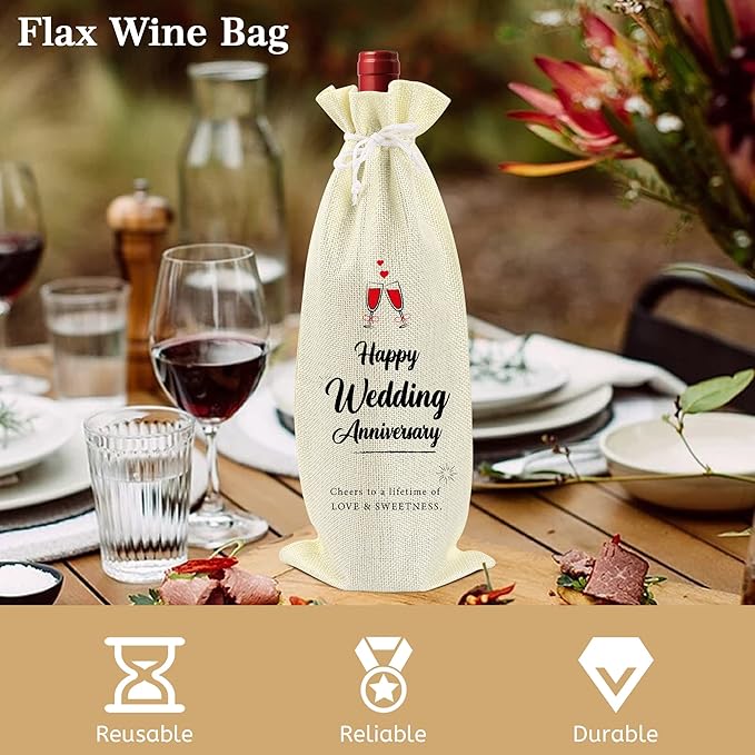 Omoojee 4 Pcs Wedding Anniversary Wine Bag, Couple Gift for Married Anniversary, Flax Drawstring Wine Bag