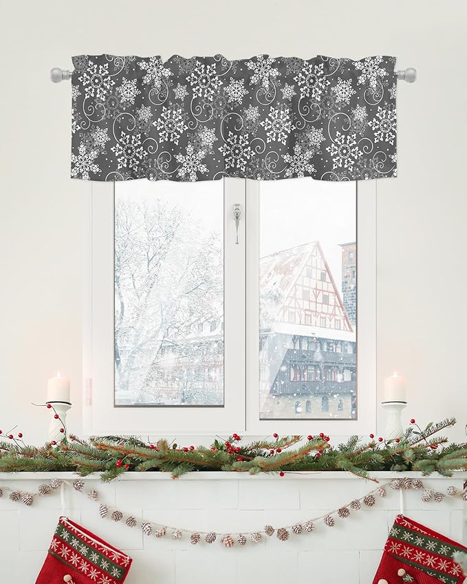 Christmas Valance Curtains for Kitchen Windows Grey White Snowflakes Pattern Rod Pocket Window Treatment Toppers for Kitchen/Living Room/Bedroom/Bathroom, 42" X 18", Winter