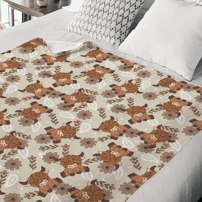 Boho Highland Cow Paisley Floral Baby Blanket Girls Gift, Beige Western Cowgirl Flower Flannel Fleece Nursery Bed Blankets, Soft Lightweight Newborn Infant Toddler Kids Crib Bedding 60 x 80
