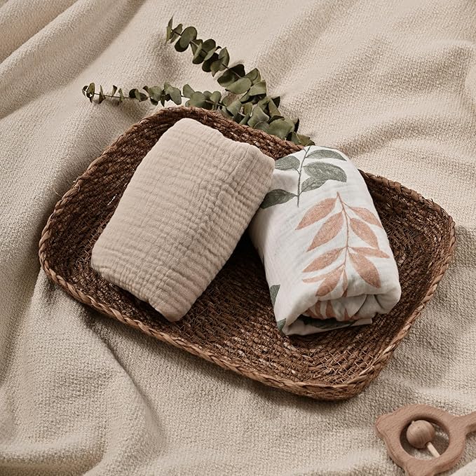 Muslin Bassinet Fitted Sheets, 2 Pack for Baby Boy and Girl, Soft Breathable Baby Pad/Mattress Sheet, Fit for Hourglass Oval and Rectangle Bassinet Mattress (Bright Leaves, Bassinet Sheets 2 Pack)