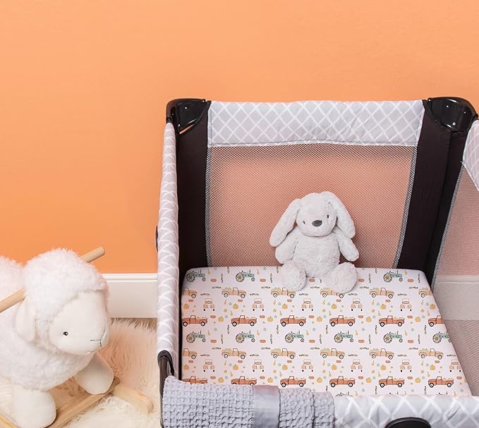 TotAha Premium Stretchy Pack N Play Playard Sheets | Mini Crib Sheets (2-Pack) -Hypoallergenic, Silky Comfort, Buttery Soft, Calming Effect, All-Season Jersey-Knit Sheets 38 X 24 (Farm & Pumpkin)