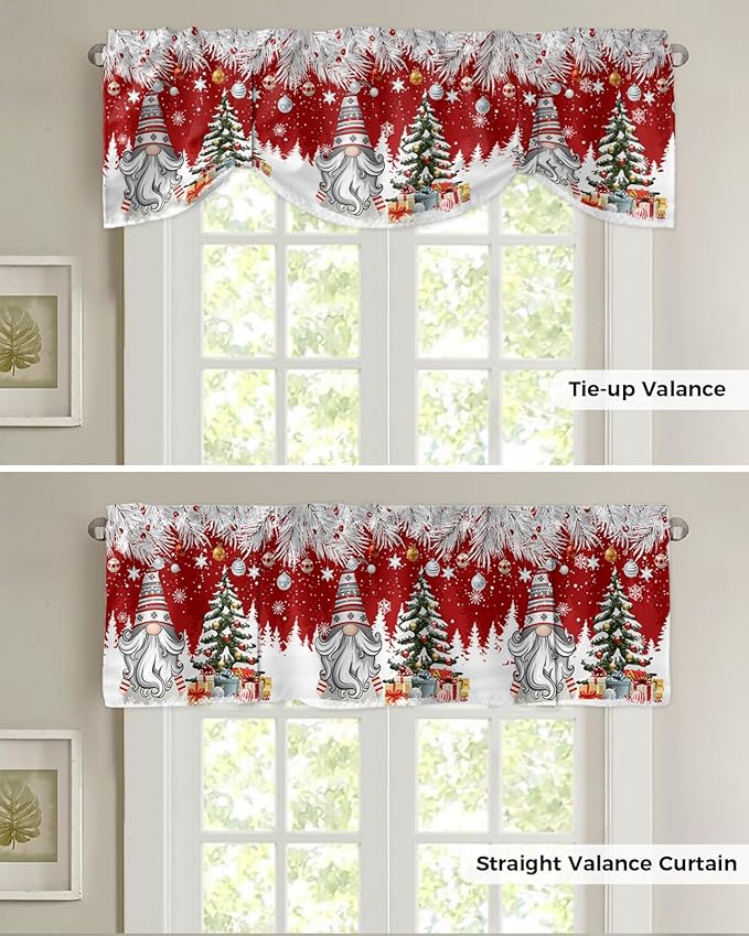 Christmas Gnome Blackout Tie Up Valance Curtains for Kitchen Windows Winter Merry Christmas Tree Balls Window Toppers Balloon Shades for Living Room/Bathroom/Bedroom,1 Panel, 54" X 18", Red