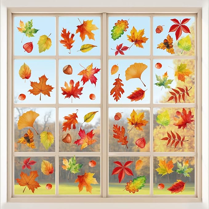 Fall Window Clings for Glass Windows Autumn Maple Leaf Window Static Stickers Double-Sided Leaves Hazelnut Window Door Cling Removable Reusable Stickers Thanksgiving Window Door Decor