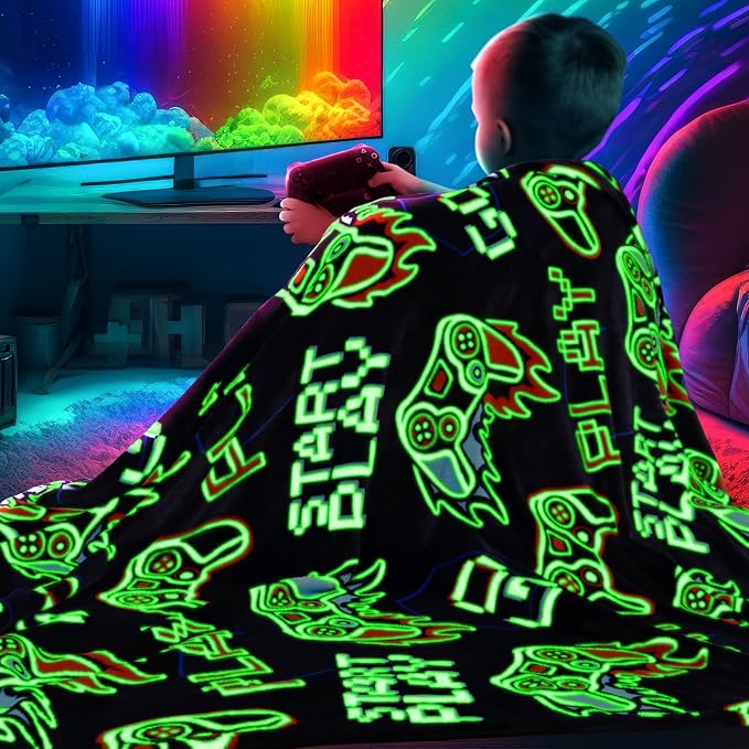 Glow in The Dark Video Gaming Blanket Soft Fuzzy Gamer Throw Blanket Boys Room Decor Game Gifts for Men Teens Couch Sofa Bedroom