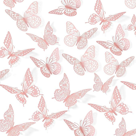 SAOROPEB 3D Butterfly Wall Decor 48 Pcs 4 Styles 3 Sizes, Pink Butterfly Birthday Decorations Pink Room Decor Butterfly Party Decorations Cake Decorations, Removable Wall Stickers (Pink)