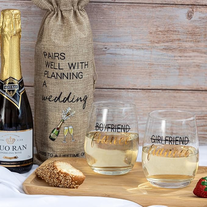 Engagement Gifts for Couples, Boyfriend and Girlfriend Wine Glass and Wine Bag Gift Set, Fiance Fiancee Gift for Him and Her, Bride and Groom Wedding Gifts, Bridal Shower, Engaged Gift for Newlywed