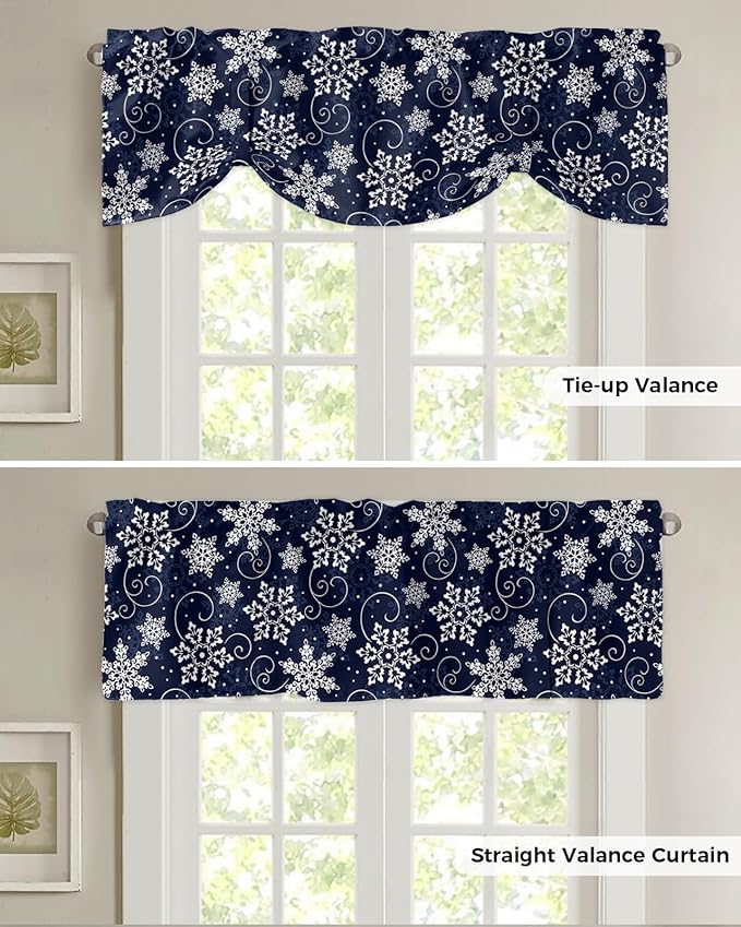 Christmas Blackout Tie Up Valance Curtains for Kitchen Windows White Navy Snowflakes Pattern Window Toppers Balloon Shades for Living Room/Bathroom/Bedroom,1 Panel, 54" X 18", Winter