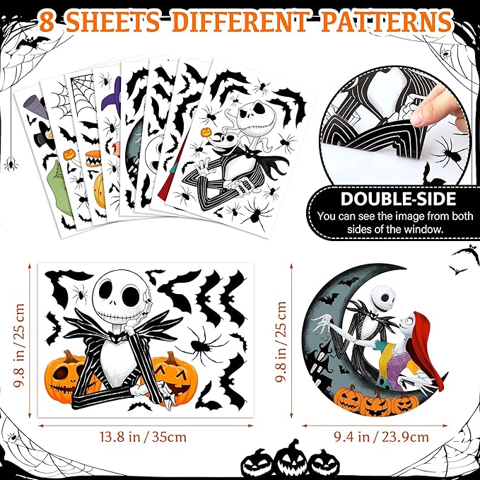 Halloween Window Clings 9 Styles, Nightmare Christmas Window Decorations Removable Stickers, Bats Spider Cartoon Window Decals 8 Sheets for Spooky Halloween Party Home Decor
