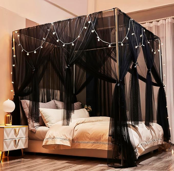 Mengersi Bed Canopy Canopy Bed Curtains with Lights- 4 Corners Post Royal Bed Drapes Mosquito Net- Elegant Bedroom Decoration Accessories for Adults(California King,Black)