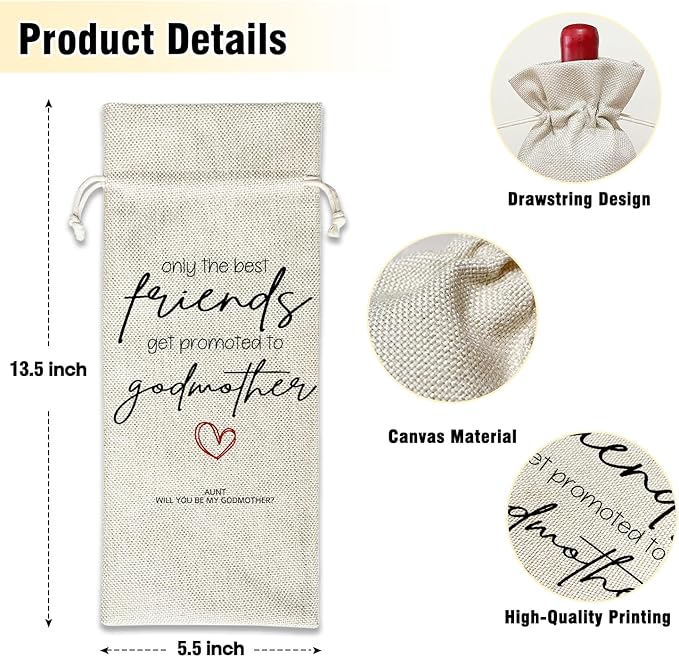 Wine Canvas Bag, Godmother Gifts Wine Gift Bag, Godmother Proposal Gifts for Women Sister Bestie Auntie Wine Bags for Wine Bottles, Wine Champagne Gifts With Drawstring Baptism Party Decoration -WB08