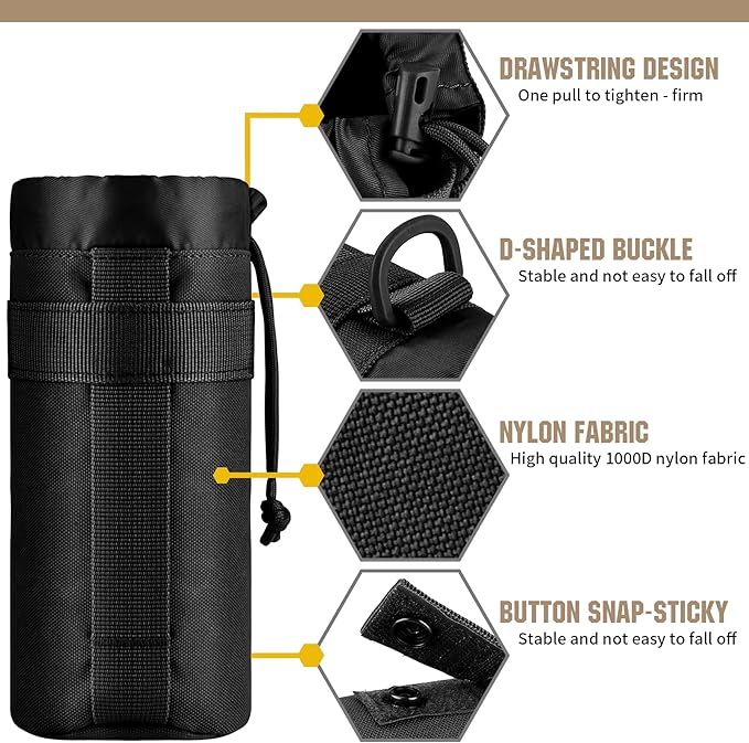 IronSeals Adjustable Tactical Water Bottle Pouch Foldable MOLLE Water Bottle Holder Drawstring Open Top Travel Water Bottle Bag