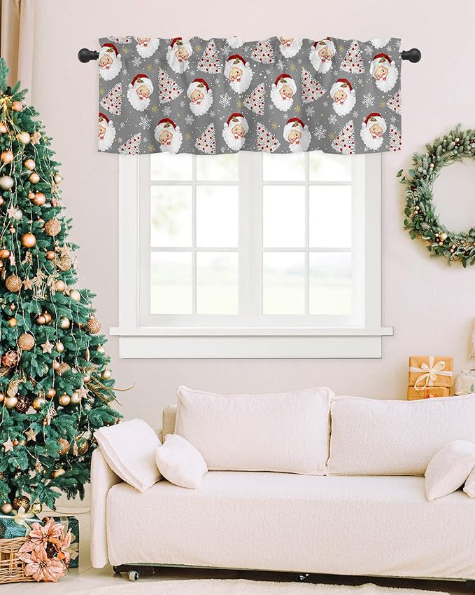 Grey Christmas Valance Curtains for Kitchen Windows Santa Claus Merry Christmas Tree Rod Pocket Window Treatment Toppers for Kitchen/Living Room/Bedroom/Bathroom, 42" X 18", Winter Snowflake
