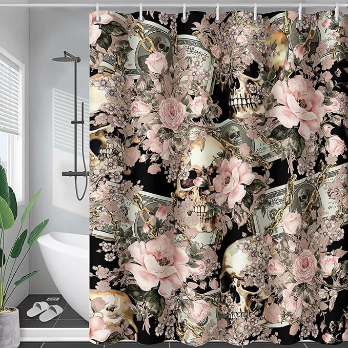 AILONEN Sugar Skull Shower Curtain for Bathroom,Romantic Rose Flower Bath Curtain for Girls Women,Money Skull Skeleton Print Waterproof Curtain with 12 Plastic Hooks, 72" W*78" H