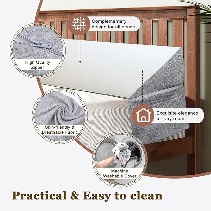 VVZ Bed Gap Filler Queen Bed Wedge Pillow for Headboard Gap Mattress Gap Filler Triangle Pillow Wedge for Headboard Gap, 30D Memory Foam Wedge Pillow Stopper with 2 Side Big Pocket (60"×10"×6")