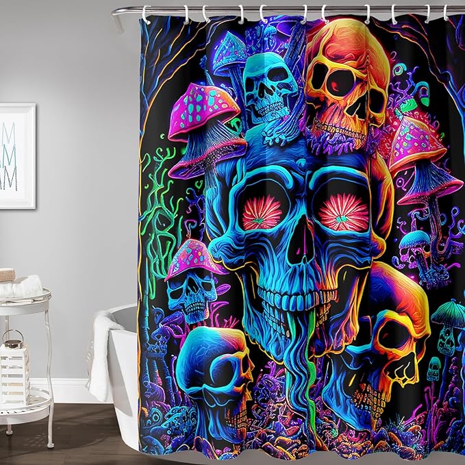AILONEN Mushroom Skull Shower Curtain for Bathroom,Purple Mushroom Skull Bath Curtain,Fantasy Fairy Skull Skeleton Decoration Bathroom Waterproof Shower Curtain with 12 Plastic Hooks, 60" W*72" H