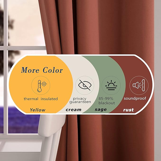 Mrs.Naturall 63 Inch Length Curtains 2 Panel Set,Blackout Terracotta Boho Curtains for Bedroom,Rust