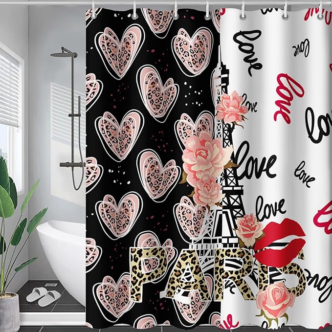 AILONEN Heart Love Shower Curtain for Bathroom, Black and White Eiffel Tower Print Bath Curtain,Pink Hearts Girls Women Shower Curtain Decoration Waterproof with 12 Plastic Hooks, 72" W*96" H