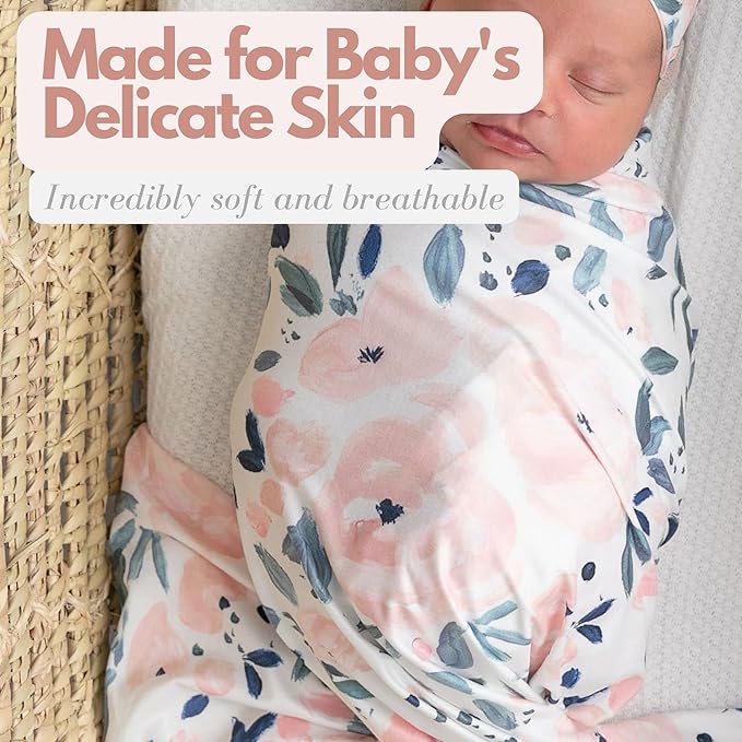 Newborn Baby Girl Receiving Blanket Swaddle Blanket Stretchy Knit Swaddle Set with Matching Headband and Beanie (Ink and Pink Floral)