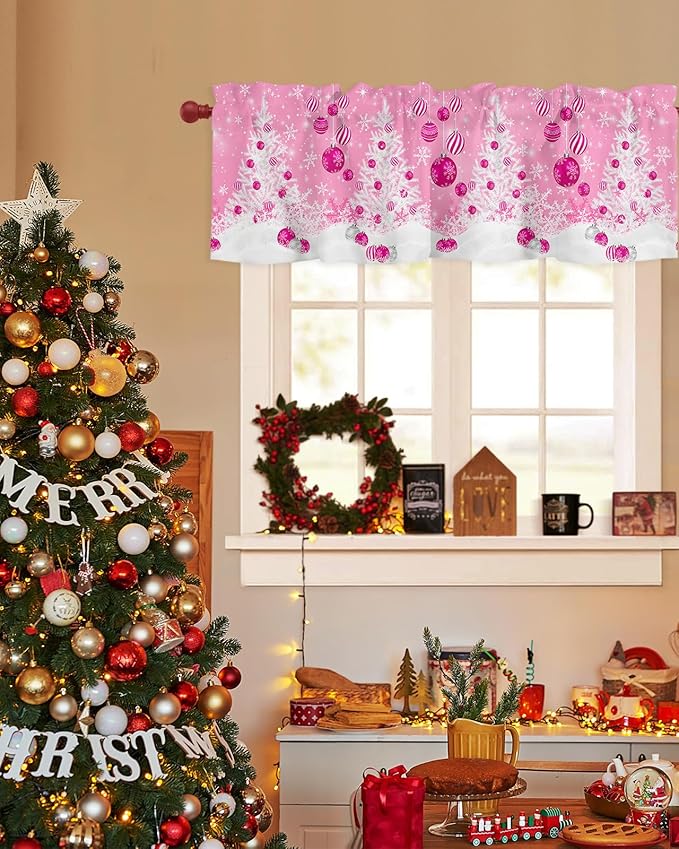 Pink Christmas Valance Curtains for Kitchen Windows White Xmas Tree Snowflakes Pink Balls Rod Pocket Window Treatment Toppers for Kitchen/Living Room/Bedroom/Bathroom, 54" X 18", Winter