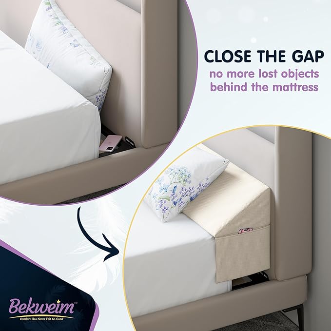 Wedge Pillow Headboard Bed Gap Filler Full - Headboard Pillow Full Size 54 X 10 X 6 - Long Pillow for Bed Wedge Gap Filler with Large Pocket for Bed Accessories - Mattress Gap Filler (Beige)