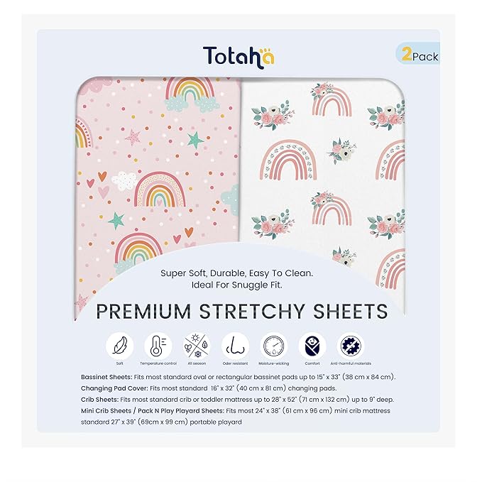 TotAha Premium Soft Bassinet Sheet for Boy Girl, Super Stretchy Jersey Knit Bassinet Fitted Sheet, Compatible with Halo, Maxi COSI, Mika Micky, SNOO, and Other Bassinet, 2 Pack (Rainbow)
