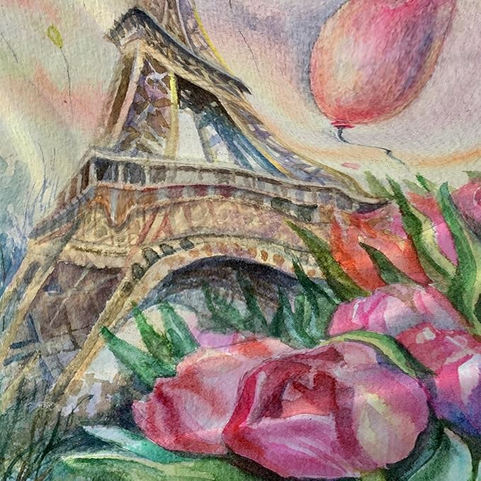 AILONEN Eiffel Tower Shower Curtain,Fantasy Tower Bathroom Fabric Shower Curtain for Girls Kids Teens, 48" W*72" H Flower Balloon Paris Tower Watercolor Theme Bathroom Decor