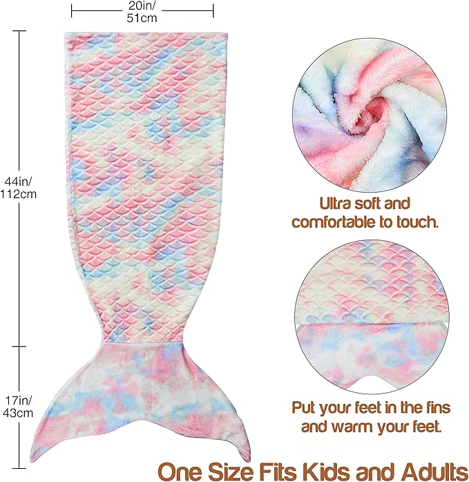 Catalonia Kids Mermaid Tail Blanket, Super Soft Plush Flannel Sleeping Snuggle Blanket for Girls, Cotton Candy, Fish Scale Pattern, Mermaid Gifts for Girls Birthday