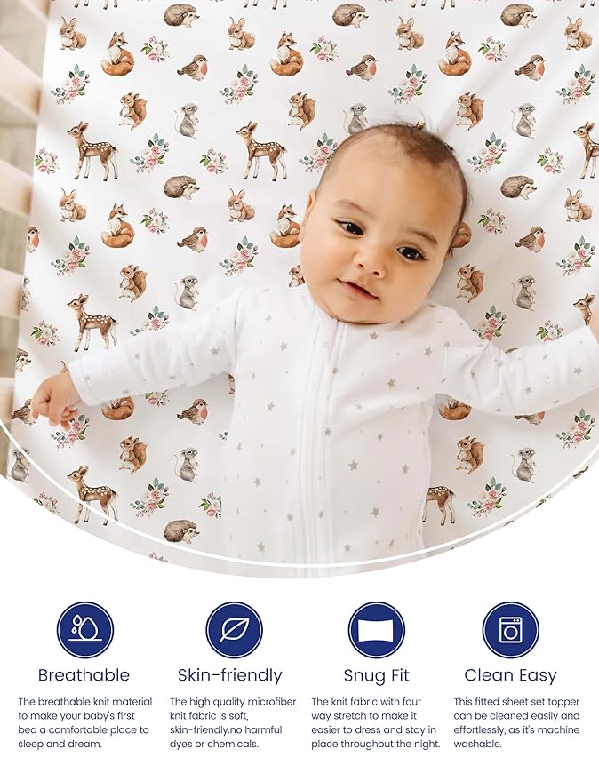 TotAha Crib Sheets for Boys Girls, Premium Soft Crib Mattress Fitted Sheet, Super Stretchy Jersey Knit Baby Sheets, Silky Comfort Baby Bed Sheets 28x52x9 Extra Deep Pocket, 2 Pack (Forest Animals)
