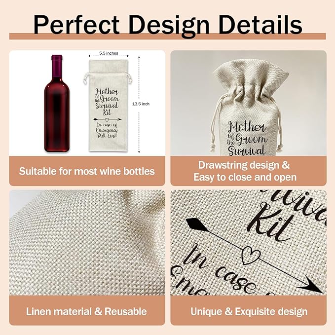 Mother of Groom Wine Gift Bags, Mother of Groom Gifts for Groom's Mother Mother-in-law, 1pcs Reusable Burlap Drawstring Wine Gift Bags for Wine Bottles, Wedding Engagement Holiday Party Favor -14