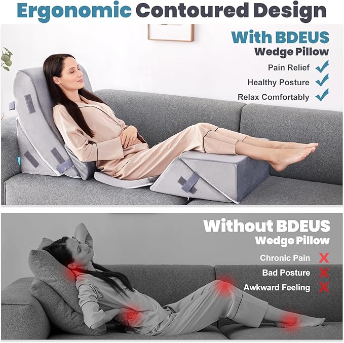 BDEUS 6pcs Orthopedic Bed Wedge Memory Foam Pillow Set for Sleeping Post Surgery Pain Relief Acid Reflux Snug Stop Adjustable Body Positioners Sitting Up in Bed