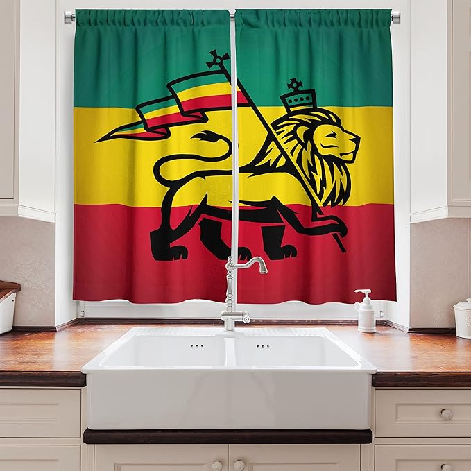 Ambesonne Rasta Kitchen Curtains, Judah Lion a Rastafari Flag Jungle Reggae Theme Art Vivid Colorful Print, Window Drapes 2 Panel Set for Kitchen Cafe Decor, 55" x 39", Yellow Red
