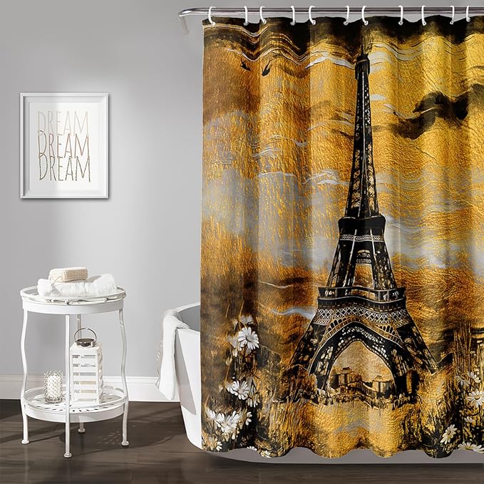 AILONEN Eiffel Tower Shower Curtain,Afterglow Tower Bathroom Fabric Shower Curtain for Boys Kids Teens, 72" W*96" H Vintage Orange & Black Style Paris Tower Bathroom Decor