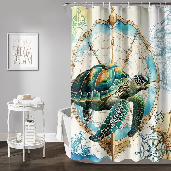 AILONEN 3D Sea Turtle Shower Curtain,Green Sea Turtle Shower Curtain for Bathroom,Nautical Anchor Waterproof Fabric Shower Curtain Set with Hooks,48" W*72" H